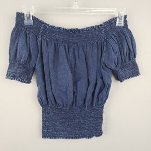 Gicam Off-Shoulder Smocked Crop Top Blue Denim Sz XS